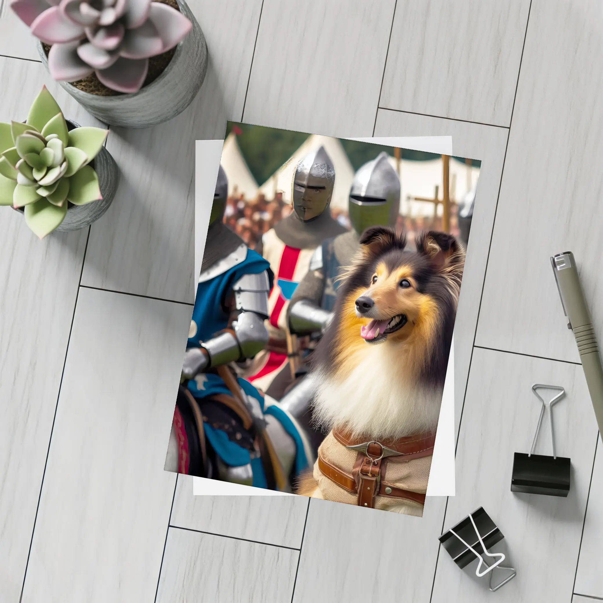 Rough Collie Dog Among Medieval Knights – Postcards