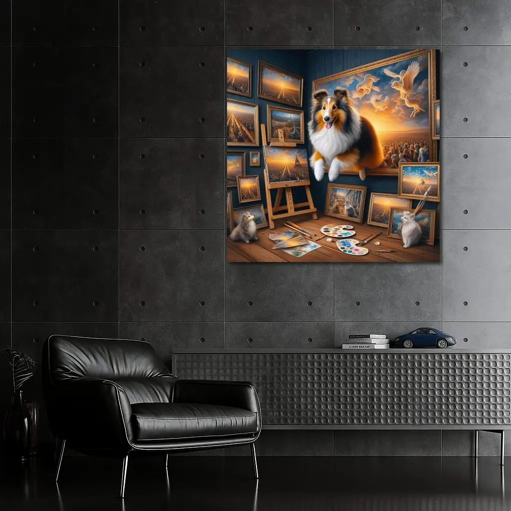 Shetland Sheepdog Artist Studio Surreal Painting – Wall Art