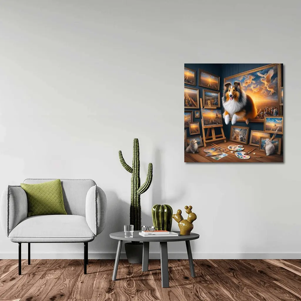 Shetland Sheepdog Artist Studio Surreal Painting – Wall Art