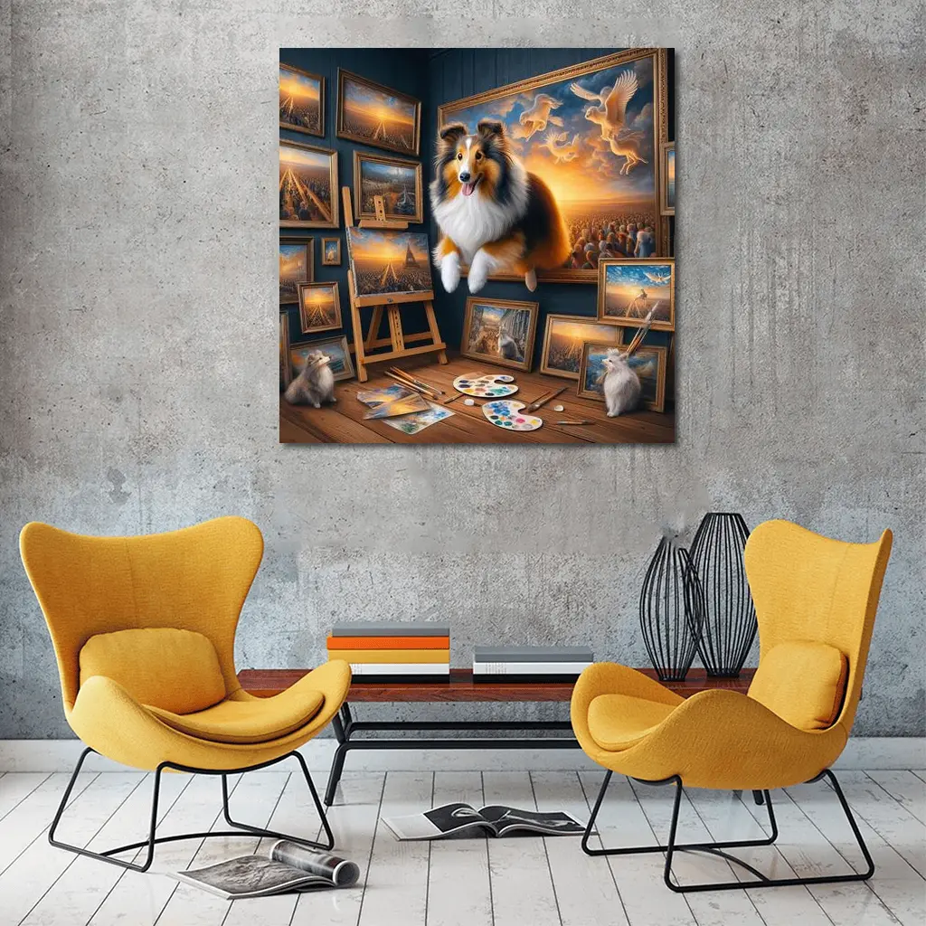 Shetland Sheepdog Artist Studio Surreal Painting – Wall Art