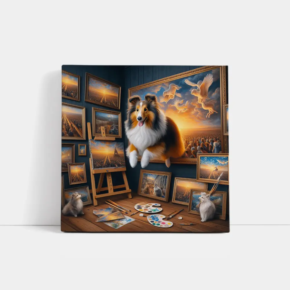 Shetland Sheepdog Artist Studio Surreal Painting – Wall Art