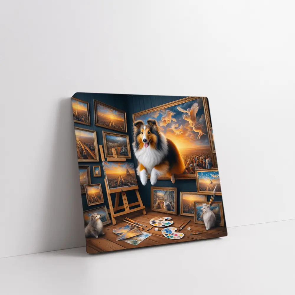Shetland Sheepdog Artist Studio Surreal Painting – Wall Art