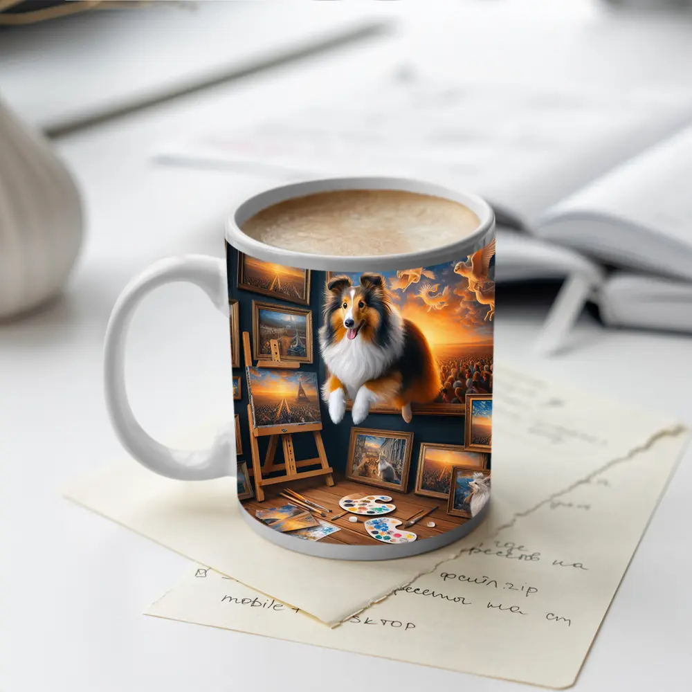 Shetland Sheepdog Artist Studio Surreal Painting – Mugs