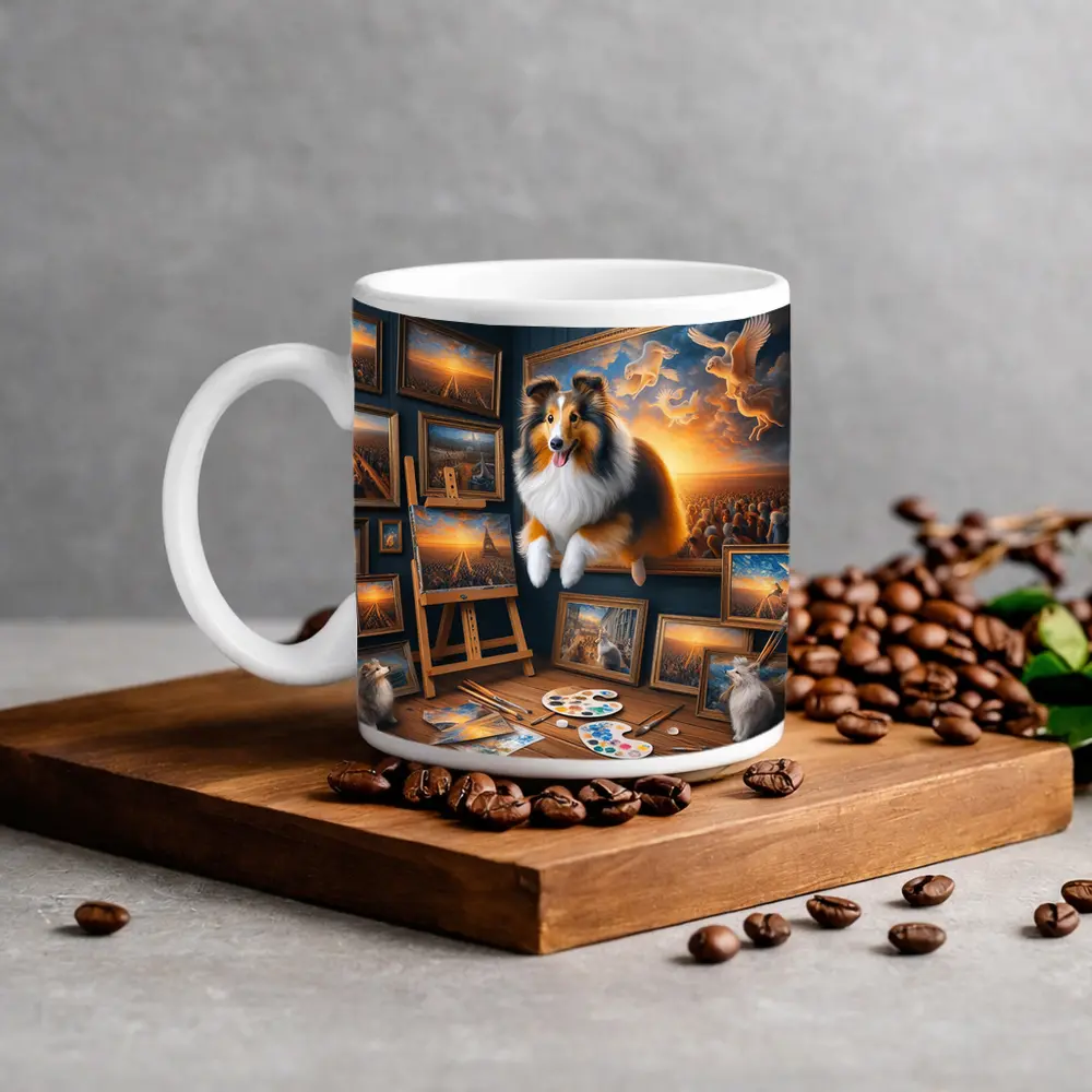 Shetland Sheepdog Artist Studio Surreal Painting – Mugs