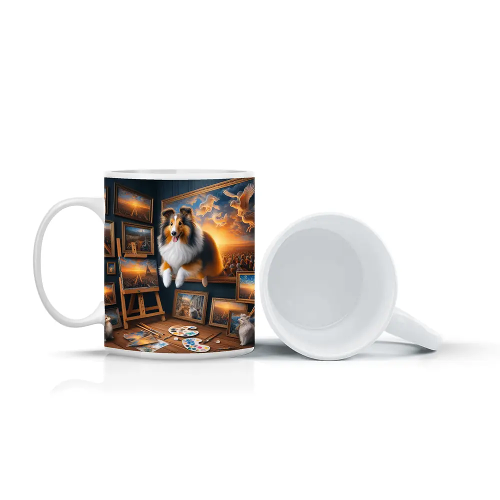 Shetland Sheepdog Artist Studio Surreal Painting – Mugs