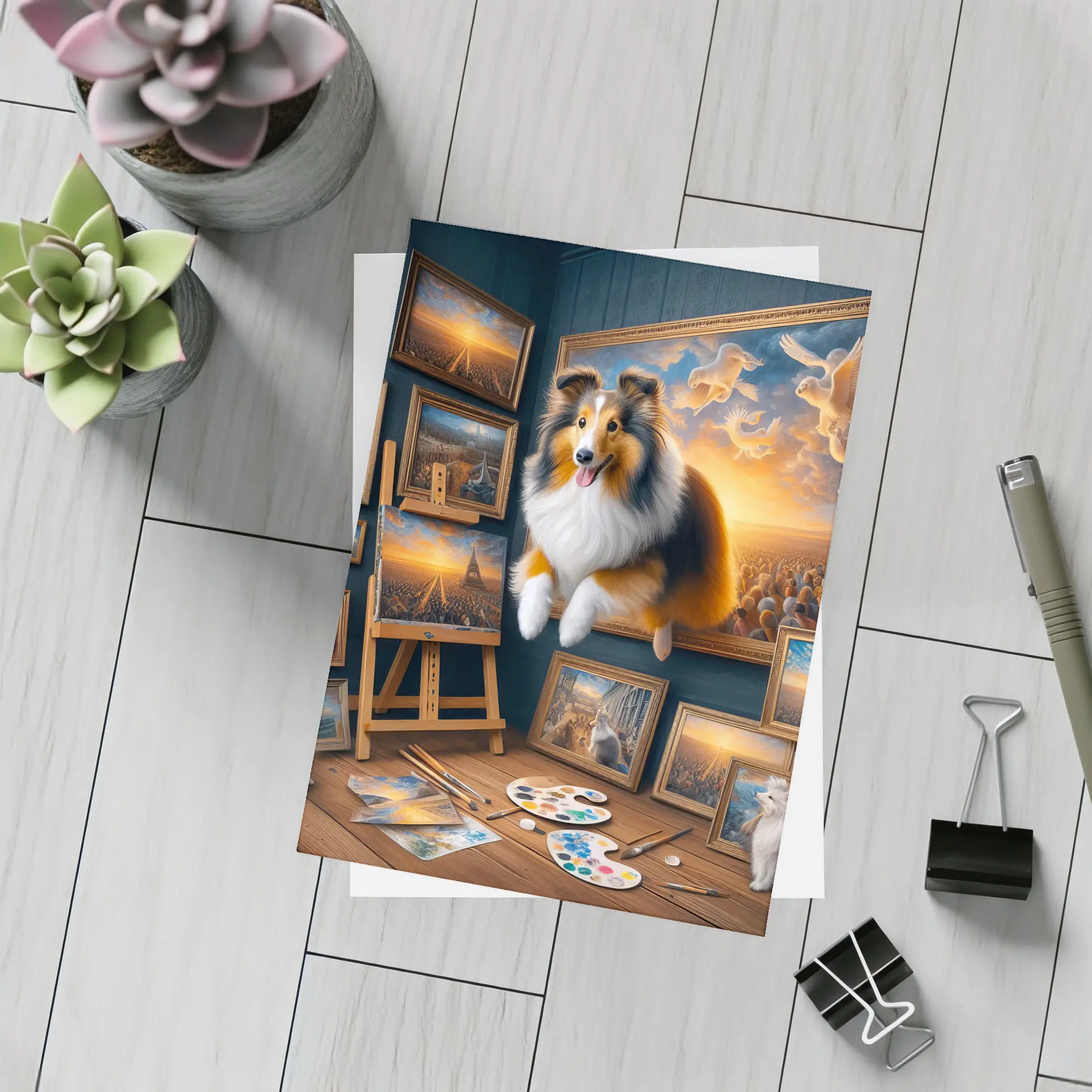 Shetland Sheepdog Artist Studio Surreal Painting – Postcards