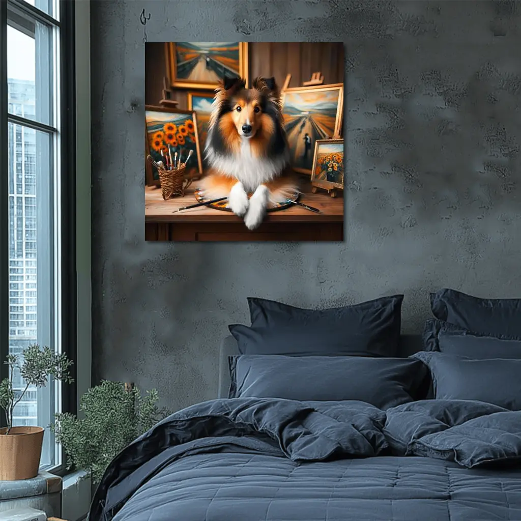 Shetland Sheepdog Artist Studio Painting Scene – Wall Art