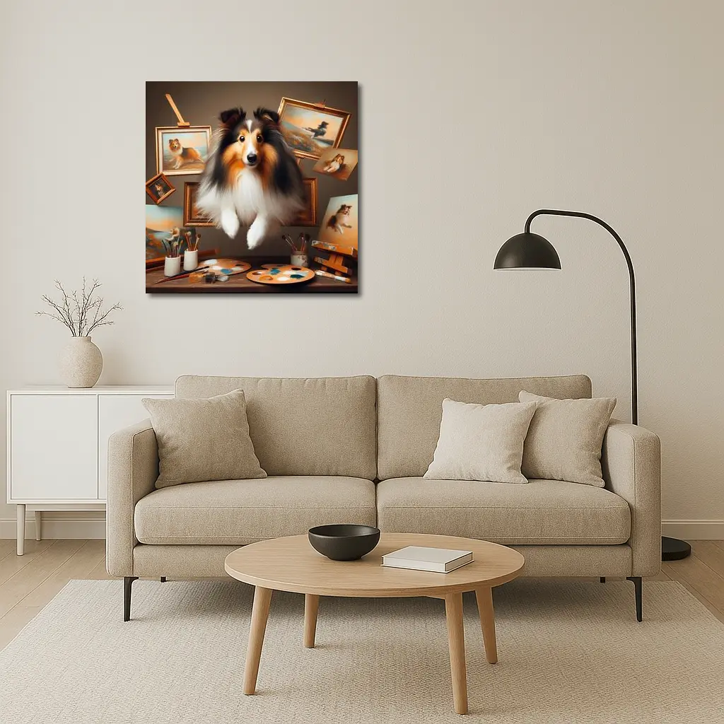 Shetland Sheepdog Leaping Through Painting Studio – Wall Art