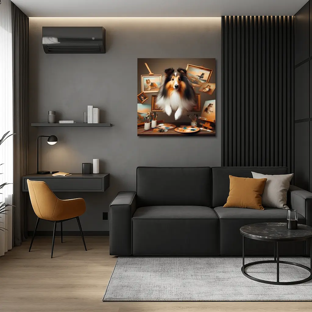 Shetland Sheepdog Leaping Through Painting Studio – Wall Art