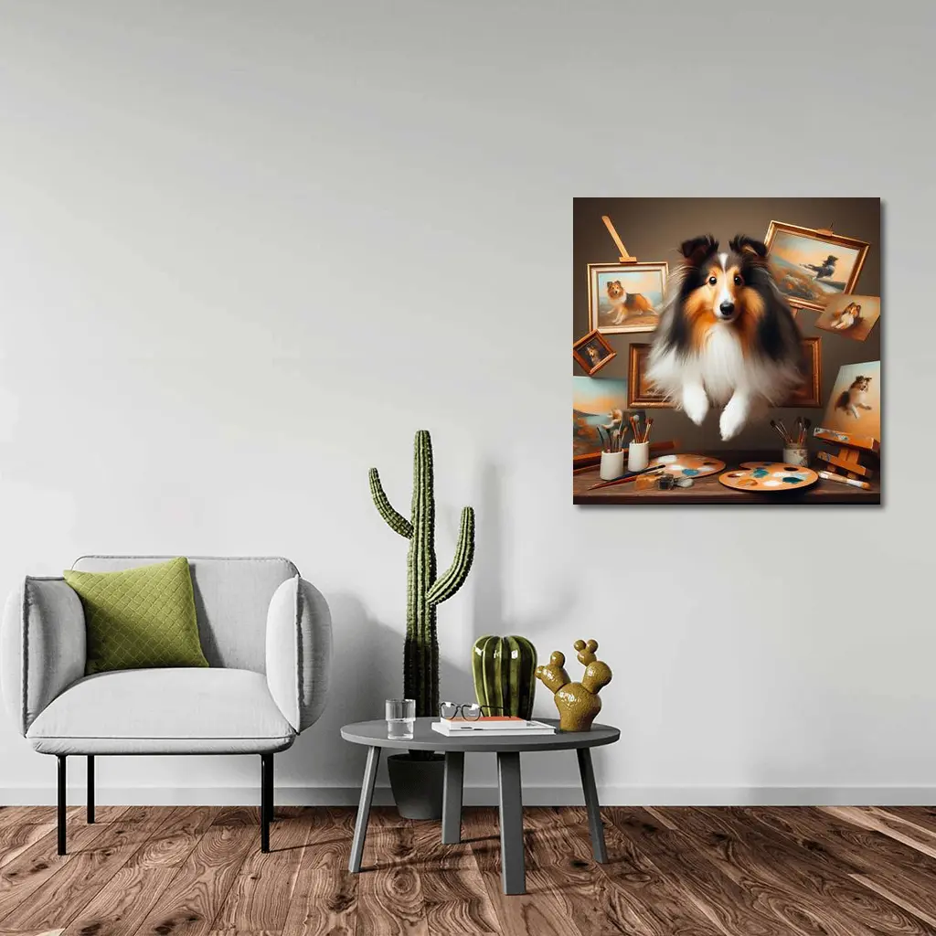 Shetland Sheepdog Leaping Through Painting Studio – Wall Art