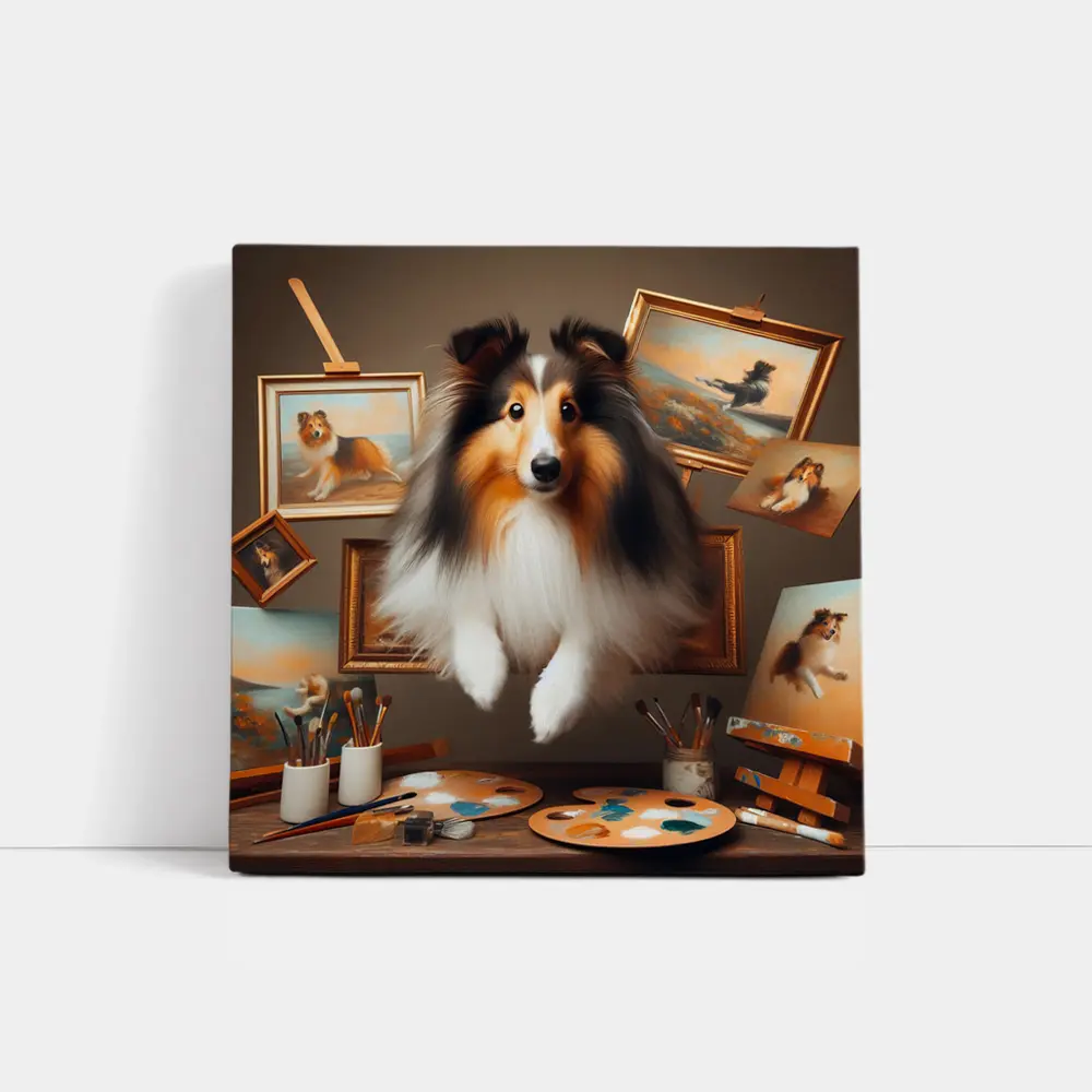 Shetland Sheepdog Leaping Through Painting Studio – Wall Art