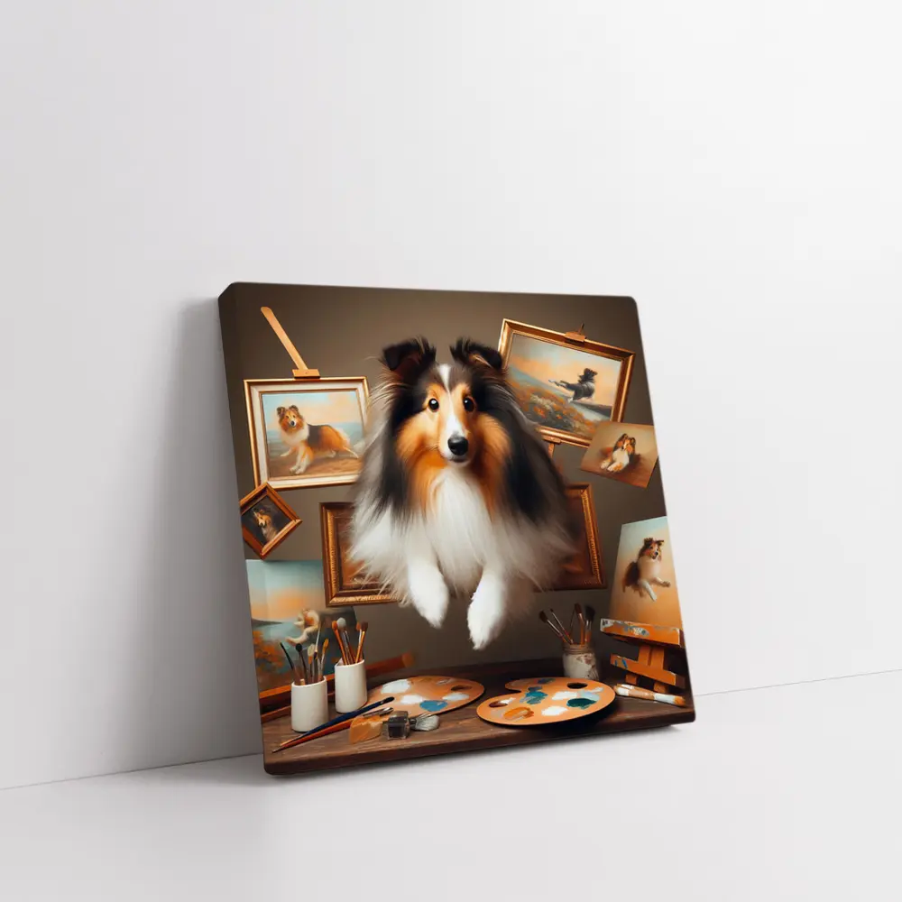 Shetland Sheepdog Leaping Through Painting Studio – Wall Art