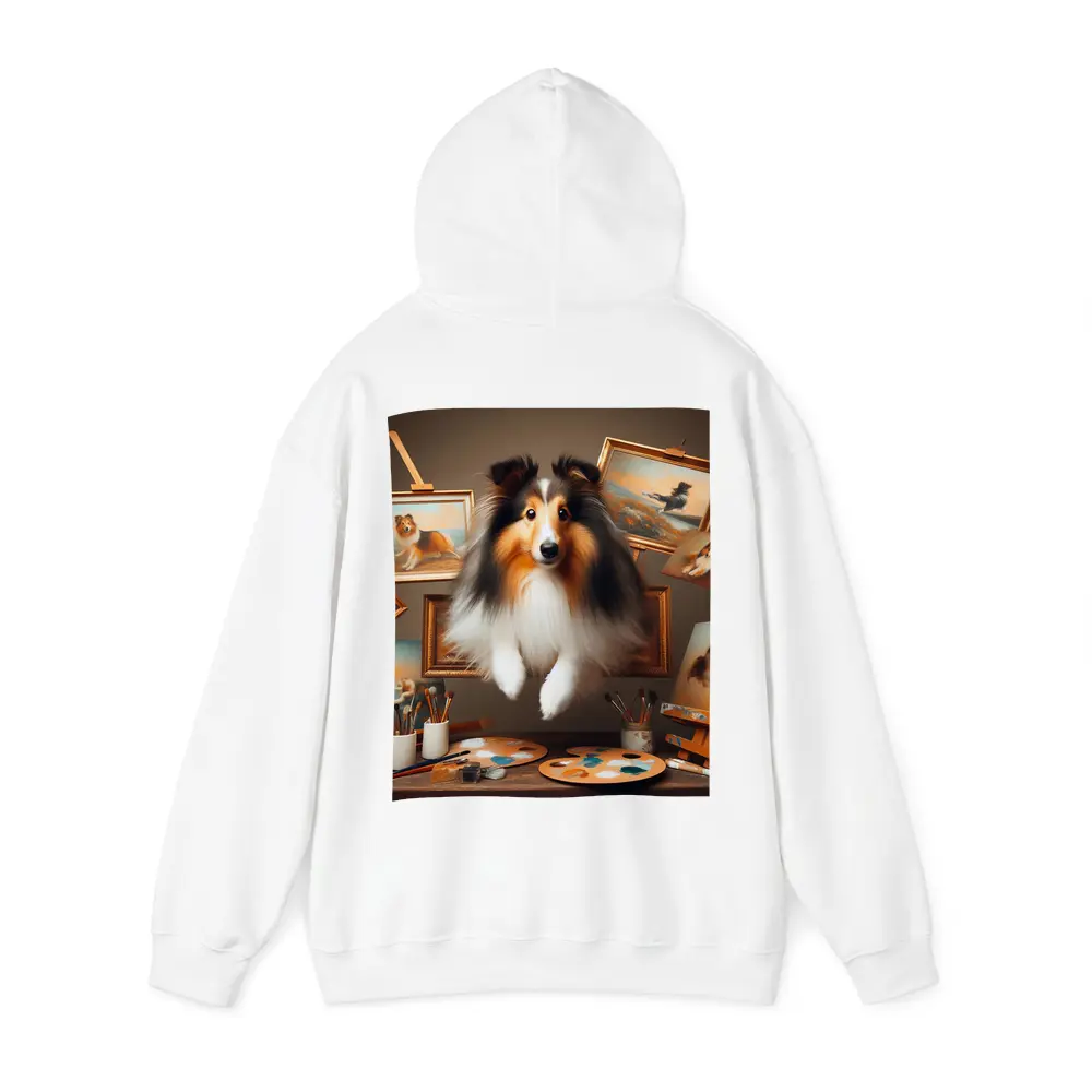 Shetland Sheepdog Leaping Through Painting Studio – Hoodies