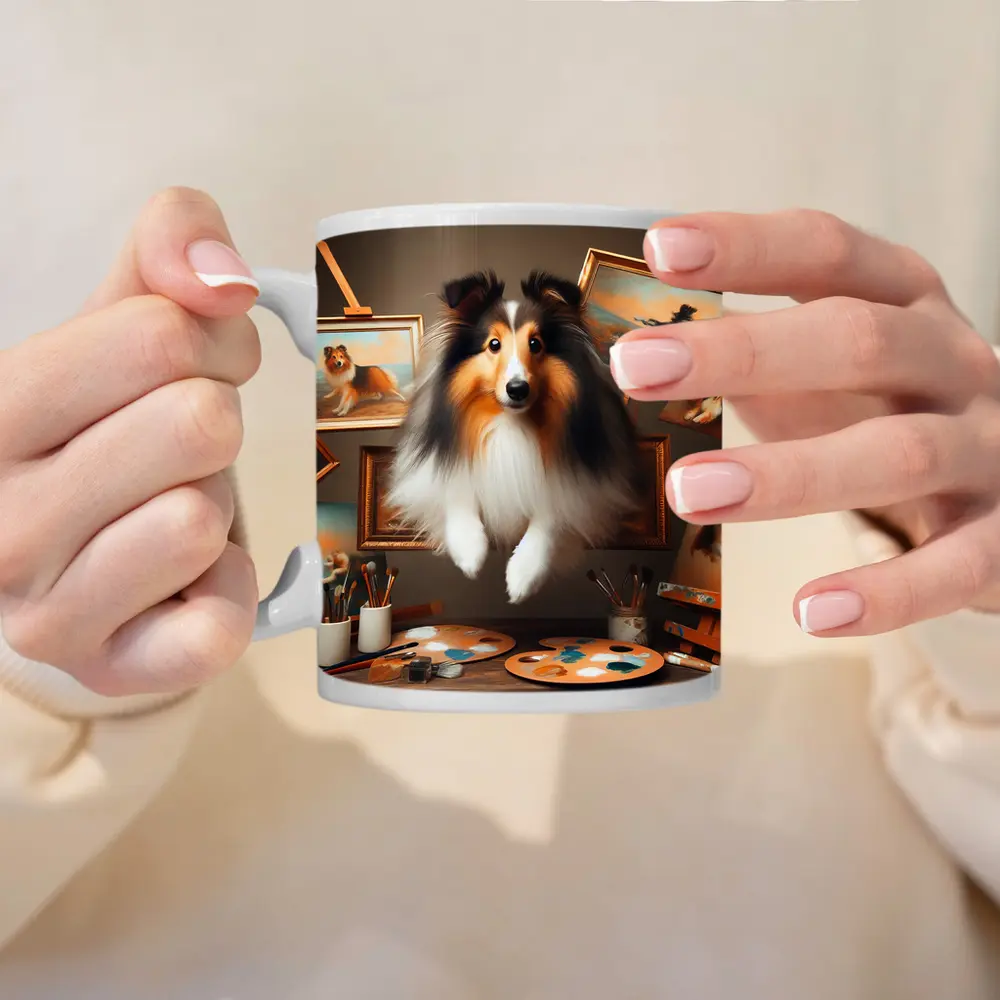 Shetland Sheepdog Leaping Through Painting Studio – Mugs