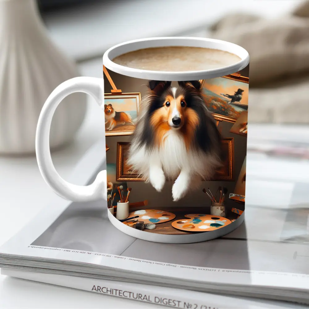 Shetland Sheepdog Leaping Through Painting Studio – Mugs