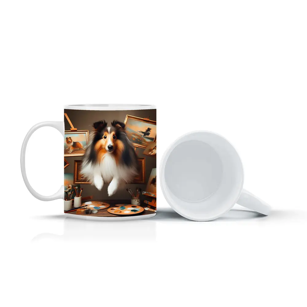 Shetland Sheepdog Leaping Through Painting Studio – Mugs