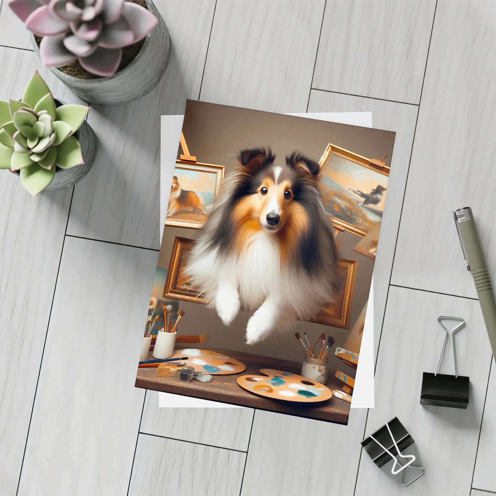 Shetland Sheepdog Leaping Through Painting Studio – Postcards