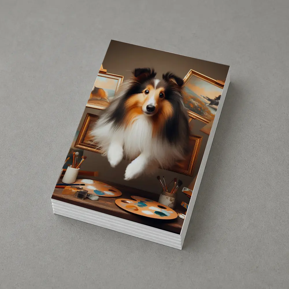 Shetland Sheepdog Leaping Through Painting Studio – Postcards