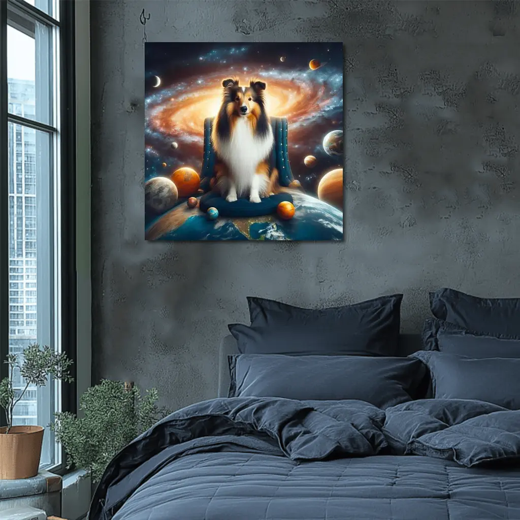 Collie Dog Sitting in Space Galaxy – Wall Art