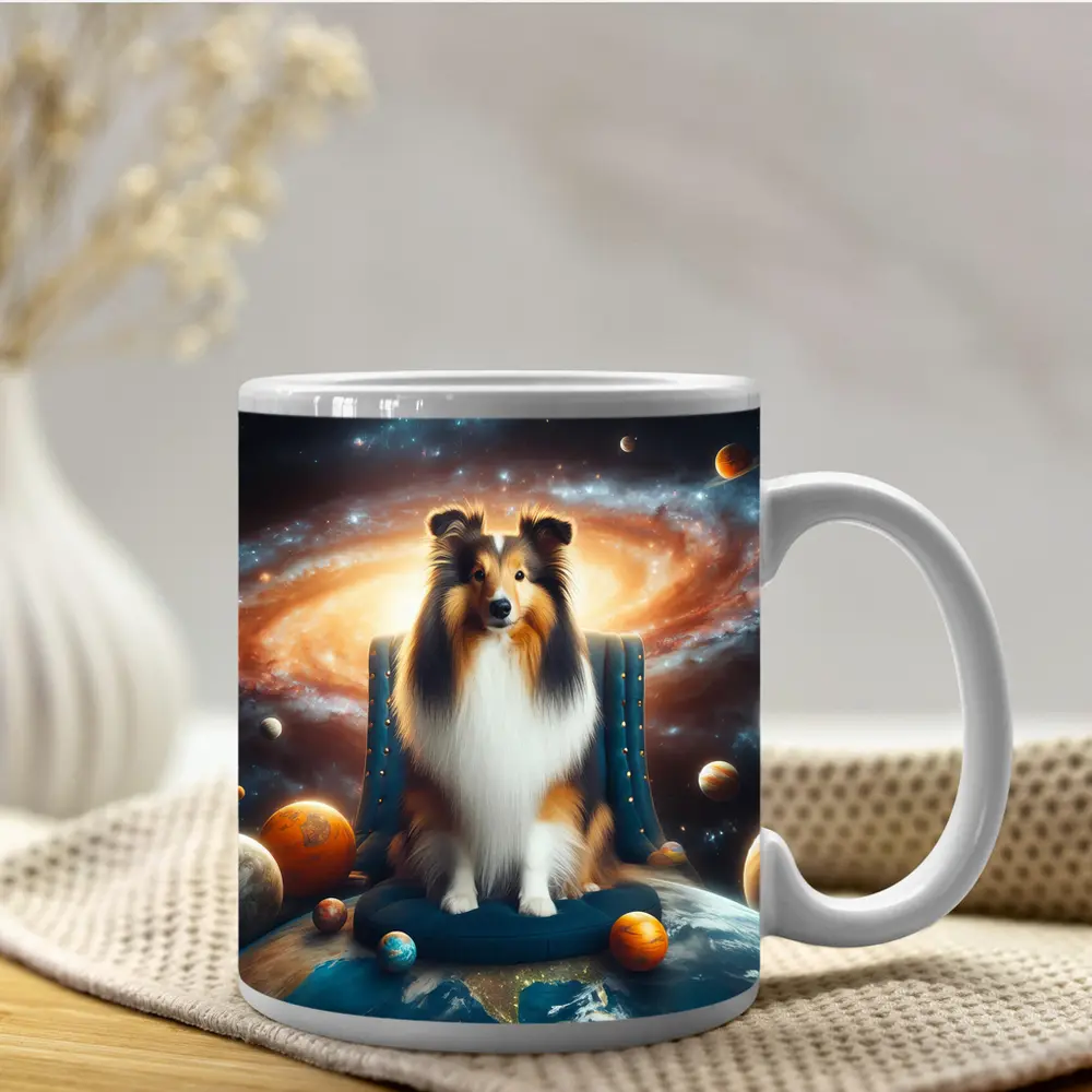 Collie Dog Sitting in Space Galaxy – Mugs