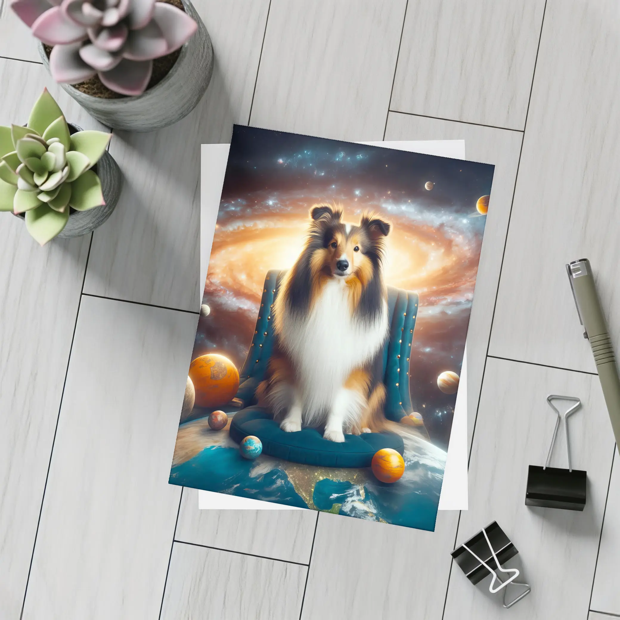 Collie Dog Sitting in Space Galaxy – Postcards