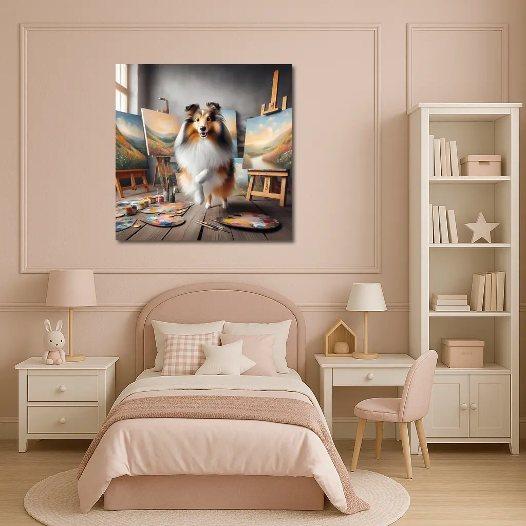 Shetland Sheepdog Artist Painting Studio Scene – Wall Art