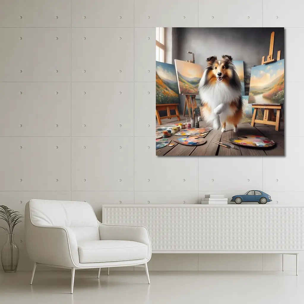 Shetland Sheepdog Artist Painting Studio Scene – Wall Art