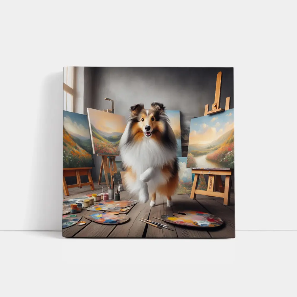 Shetland Sheepdog Artist Painting Studio Scene – Wall Art