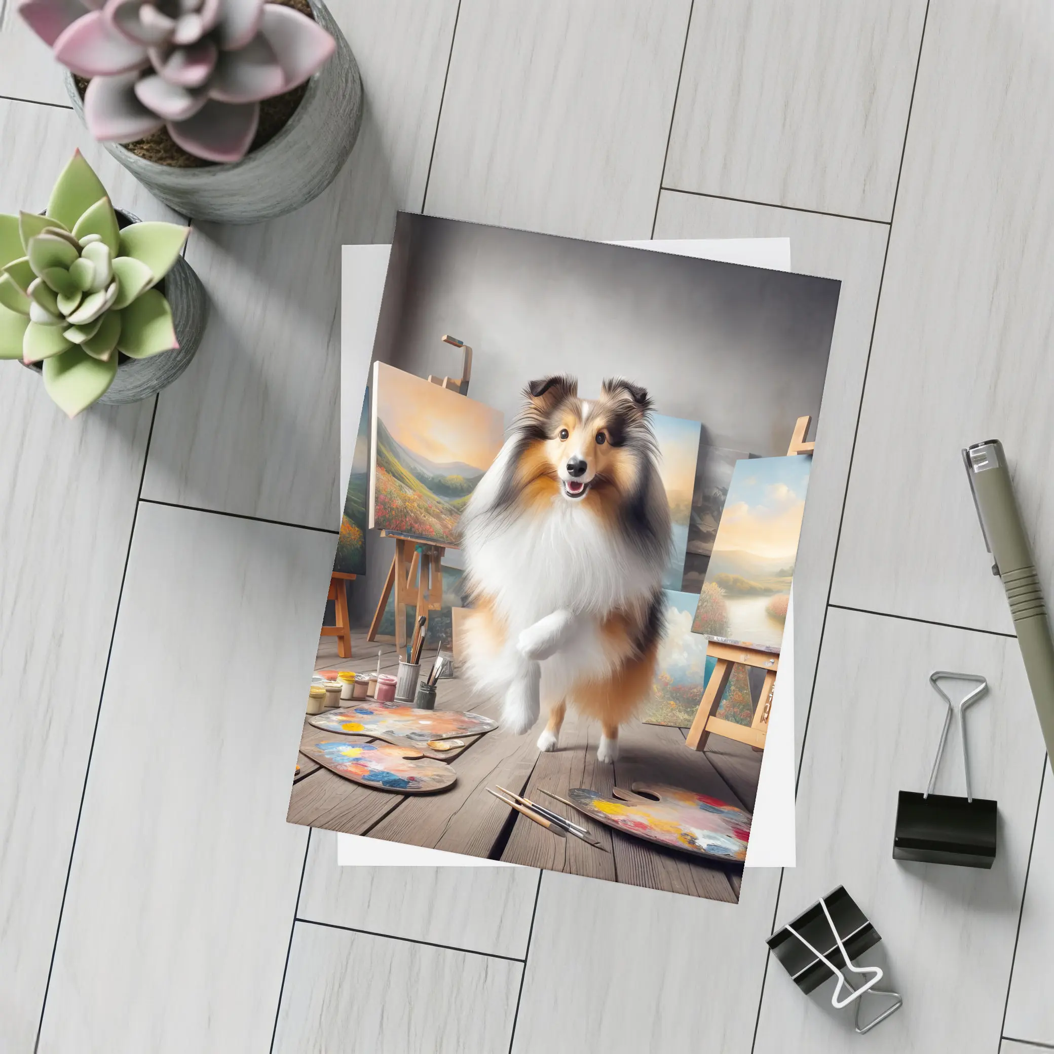 Shetland Sheepdog Artist Painting Studio Scene – Postcards