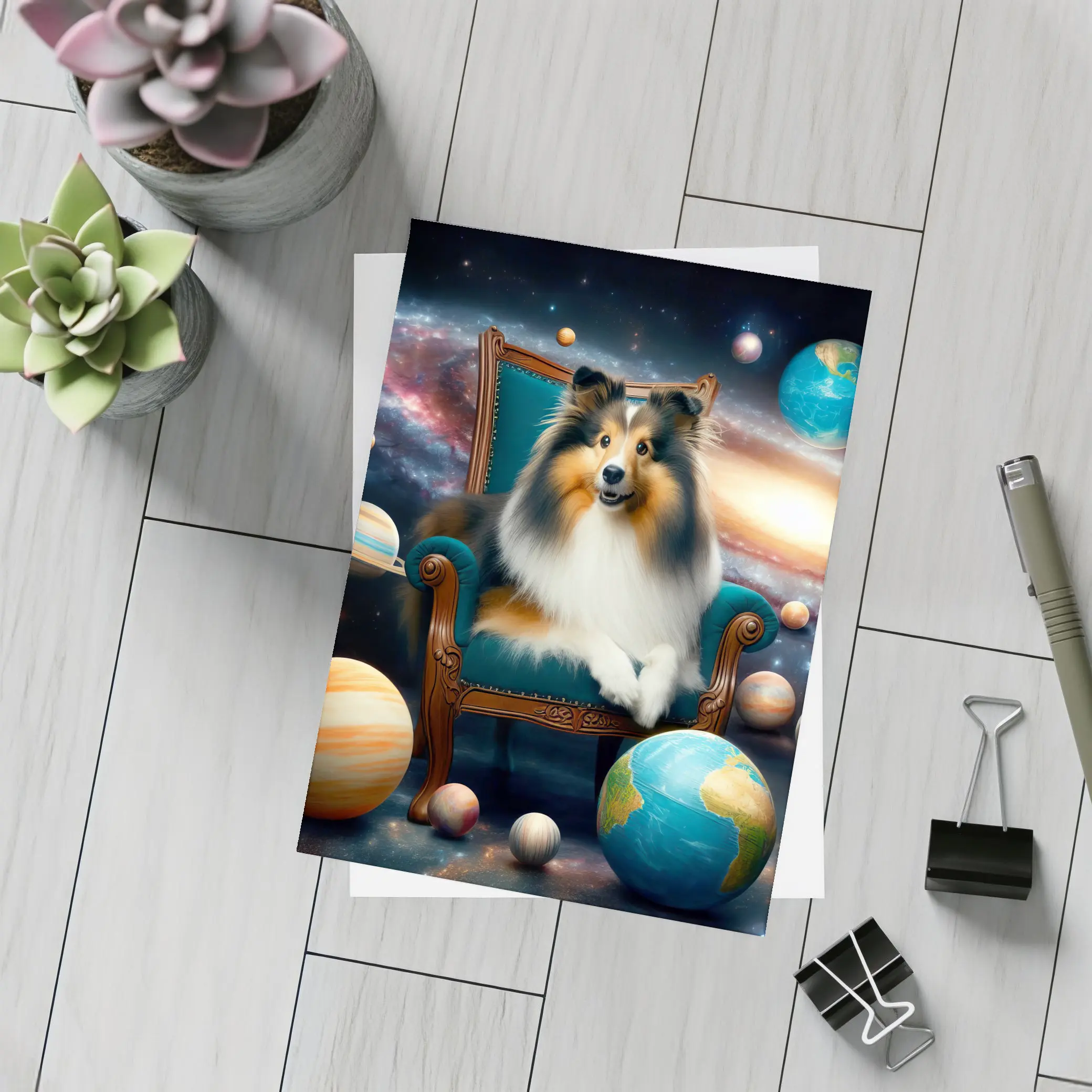 Shetland Sheepdog Sitting Space Galaxy Planets – Postcards