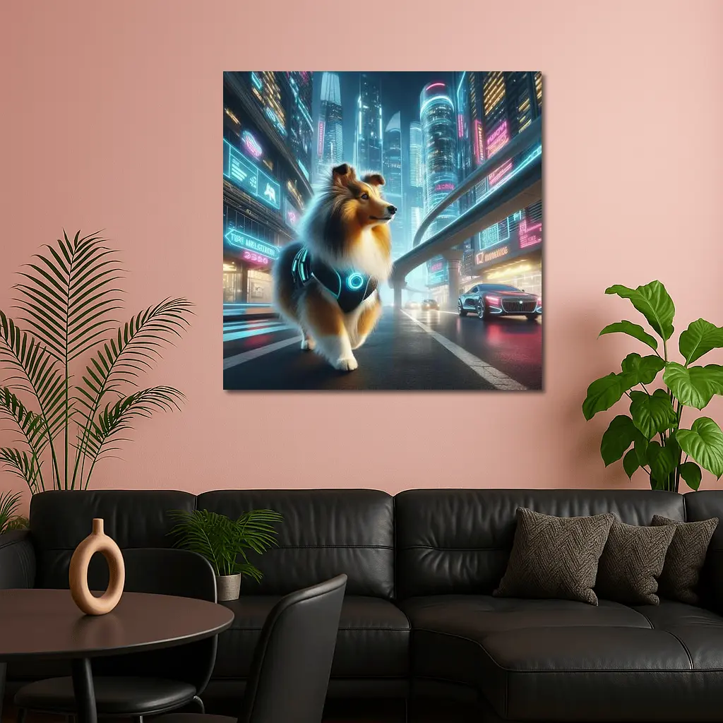 Shetland Sheepdog Cyberpunk Neon City Street – Wall Art