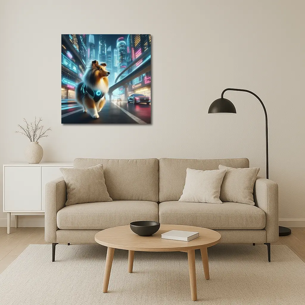 Shetland Sheepdog Cyberpunk Neon City Street – Wall Art