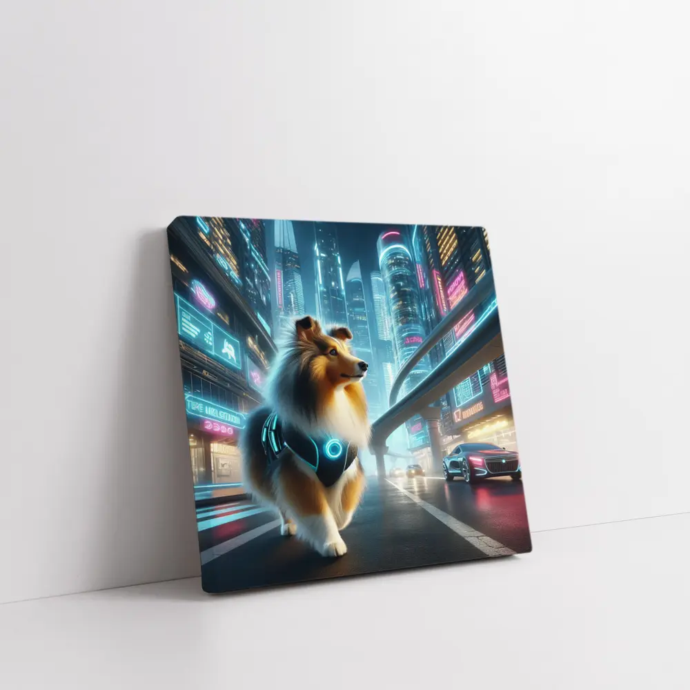 Shetland Sheepdog Cyberpunk Neon City Street – Wall Art