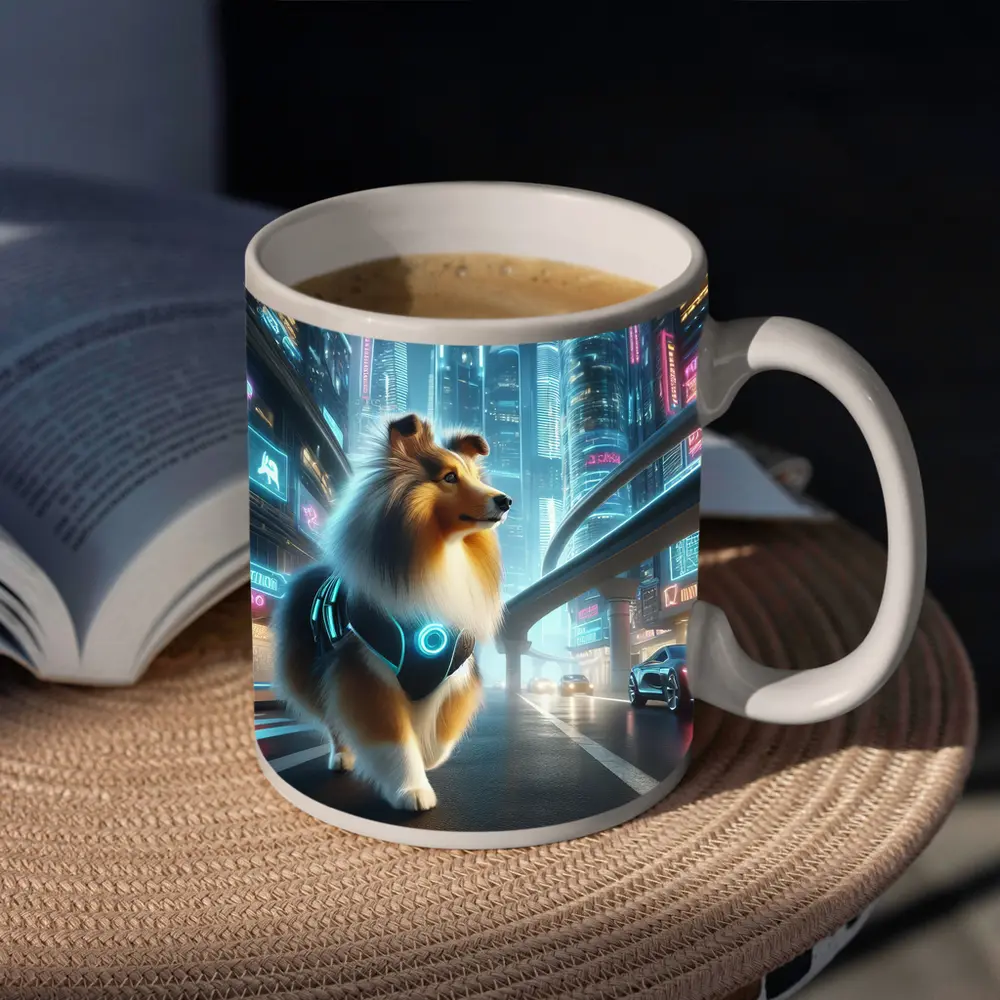 Shetland Sheepdog Cyberpunk Neon City Street – Mugs