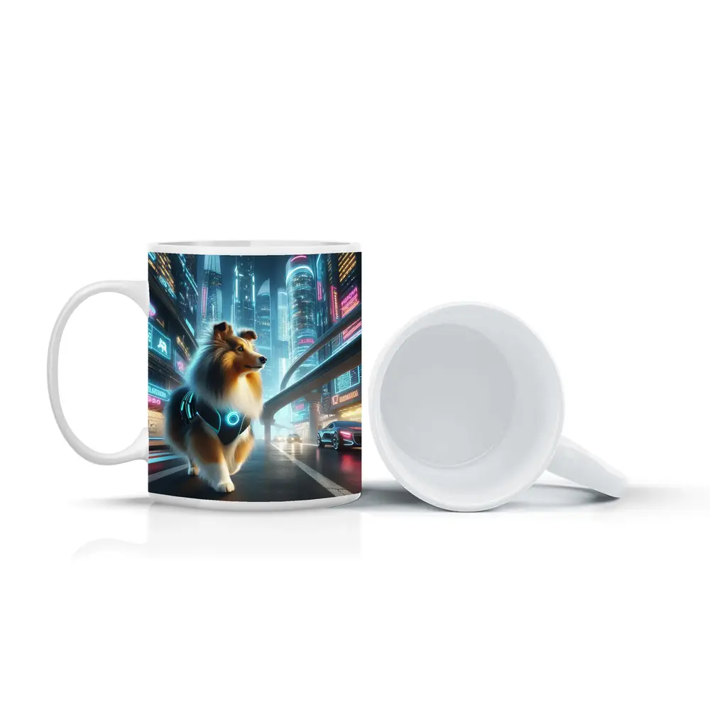 Shetland Sheepdog Cyberpunk Neon City Street – Mugs