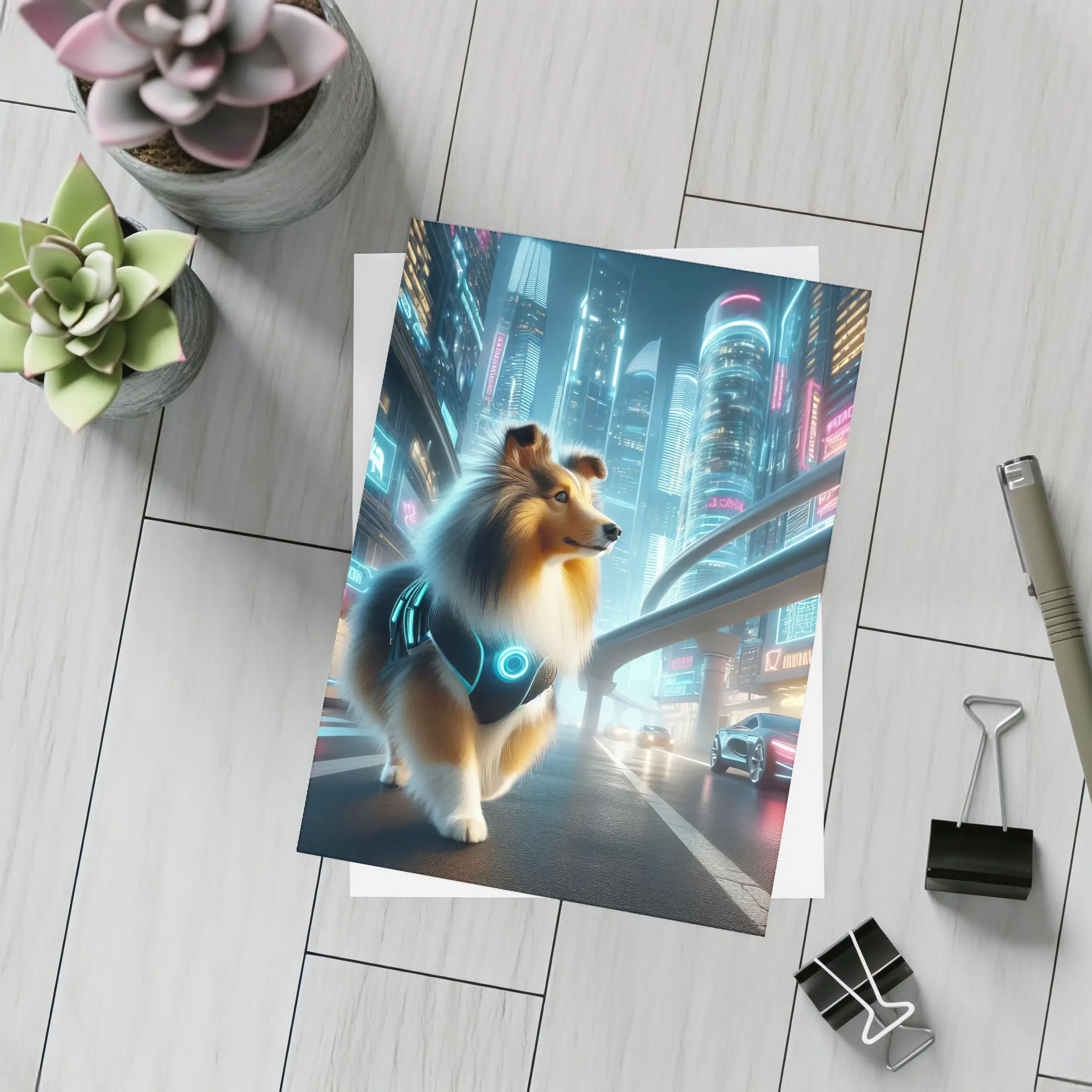 Shetland Sheepdog Cyberpunk Neon City Street – Postcards