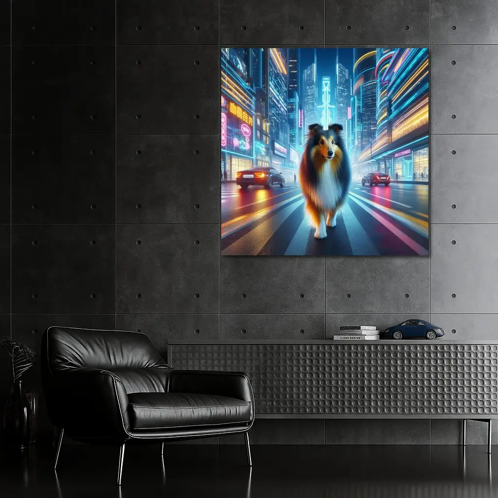 Shetland Sheepdog Walking Neon Cyberpunk City Street – Wall Art