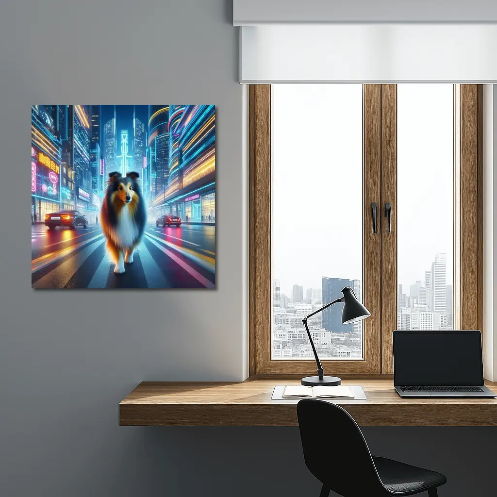 Shetland Sheepdog Walking Neon Cyberpunk City Street – Wall Art
