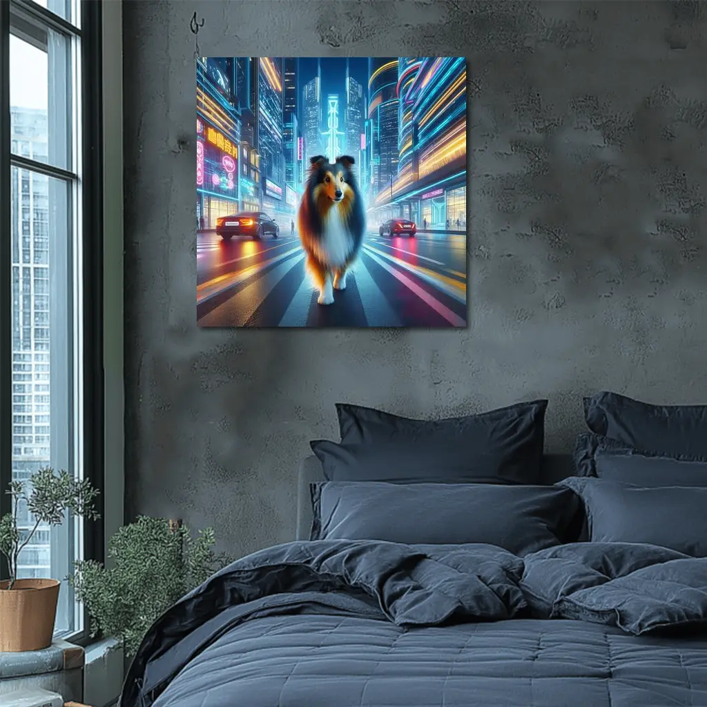 Shetland Sheepdog Walking Neon Cyberpunk City Street – Wall Art