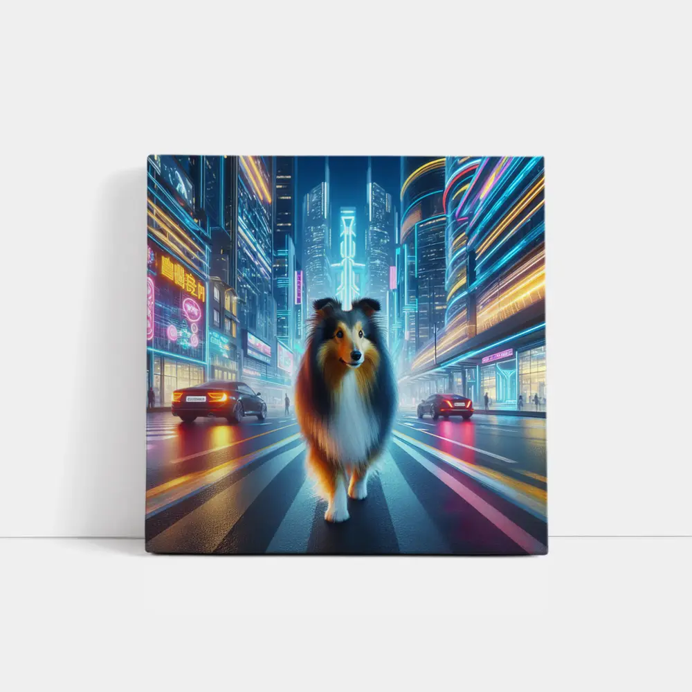 Shetland Sheepdog Walking Neon Cyberpunk City Street – Wall Art