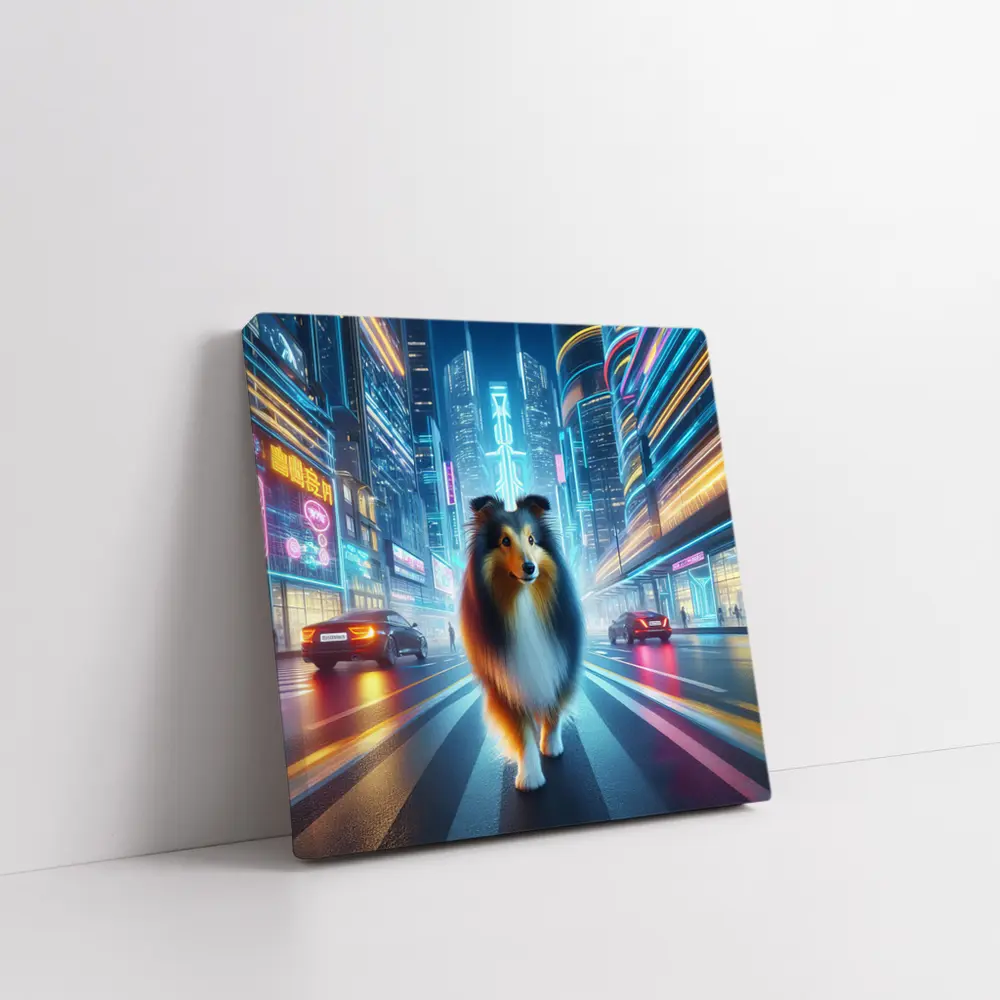 Shetland Sheepdog Walking Neon Cyberpunk City Street – Wall Art