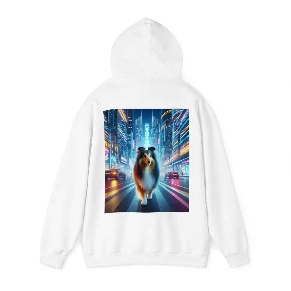 Shetland Sheepdog Walking Neon Cyberpunk City Street – Hoodies