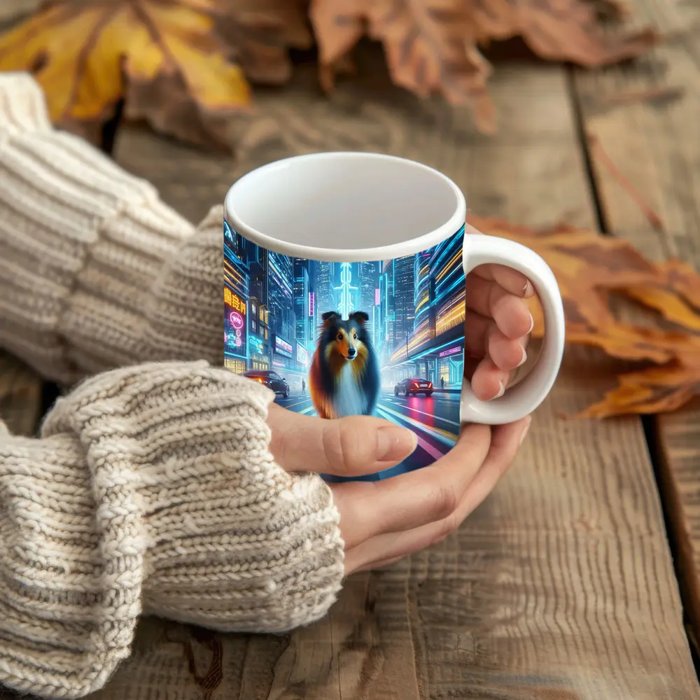 Shetland Sheepdog Walking Neon Cyberpunk City Street – Mugs
