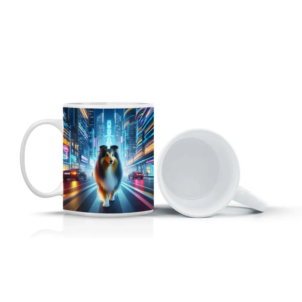 Shetland Sheepdog Walking Neon Cyberpunk City Street – Mugs