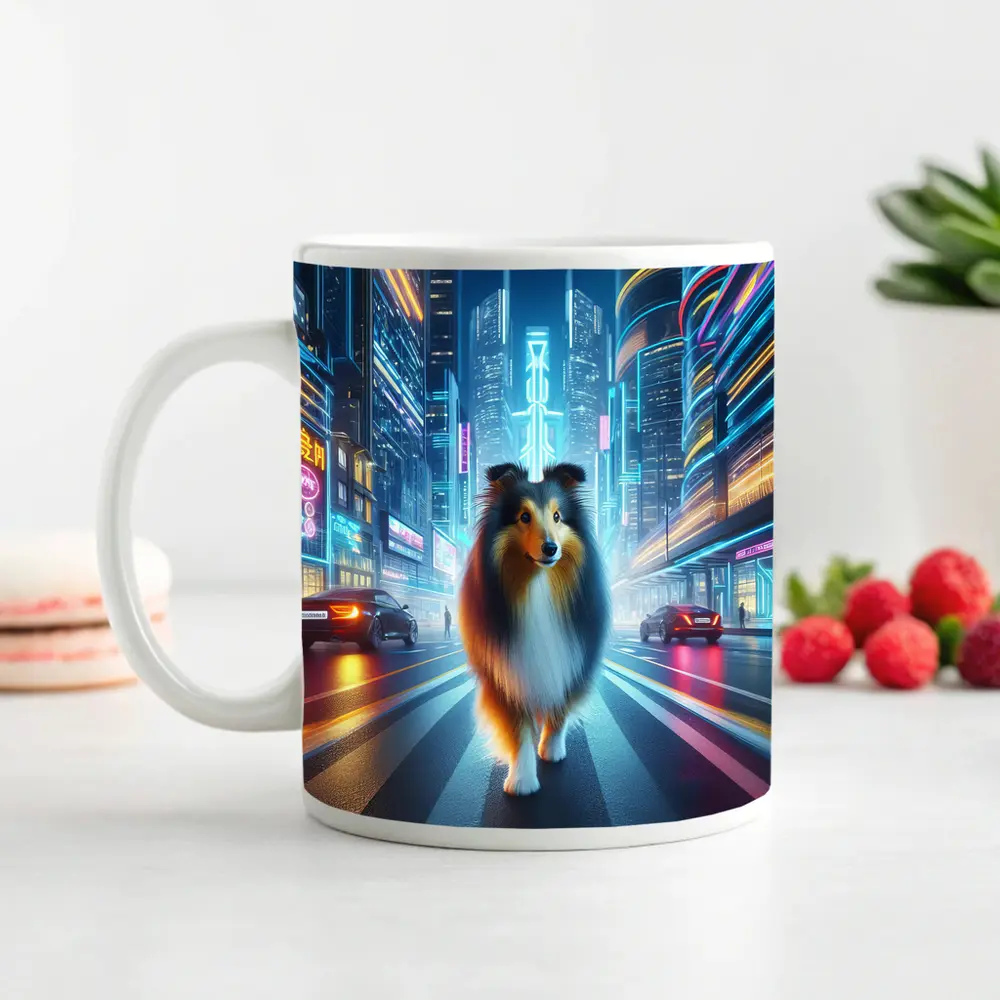 Shetland Sheepdog Walking Neon Cyberpunk City Street – Mugs