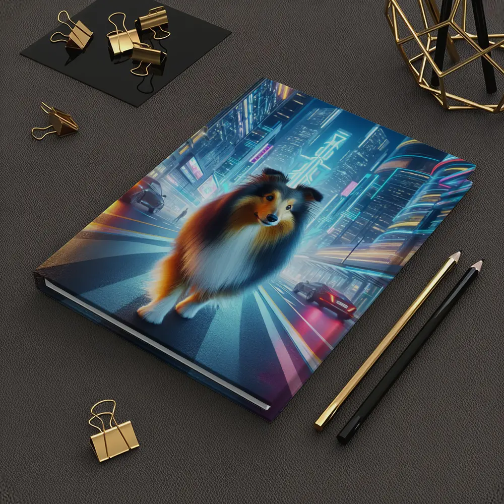 Shetland Sheepdog Walking Neon Cyberpunk City Street – Notebooks