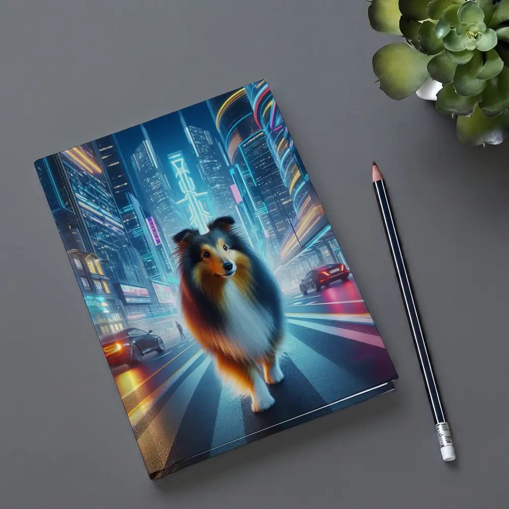 Shetland Sheepdog Walking Neon Cyberpunk City Street – Notebooks