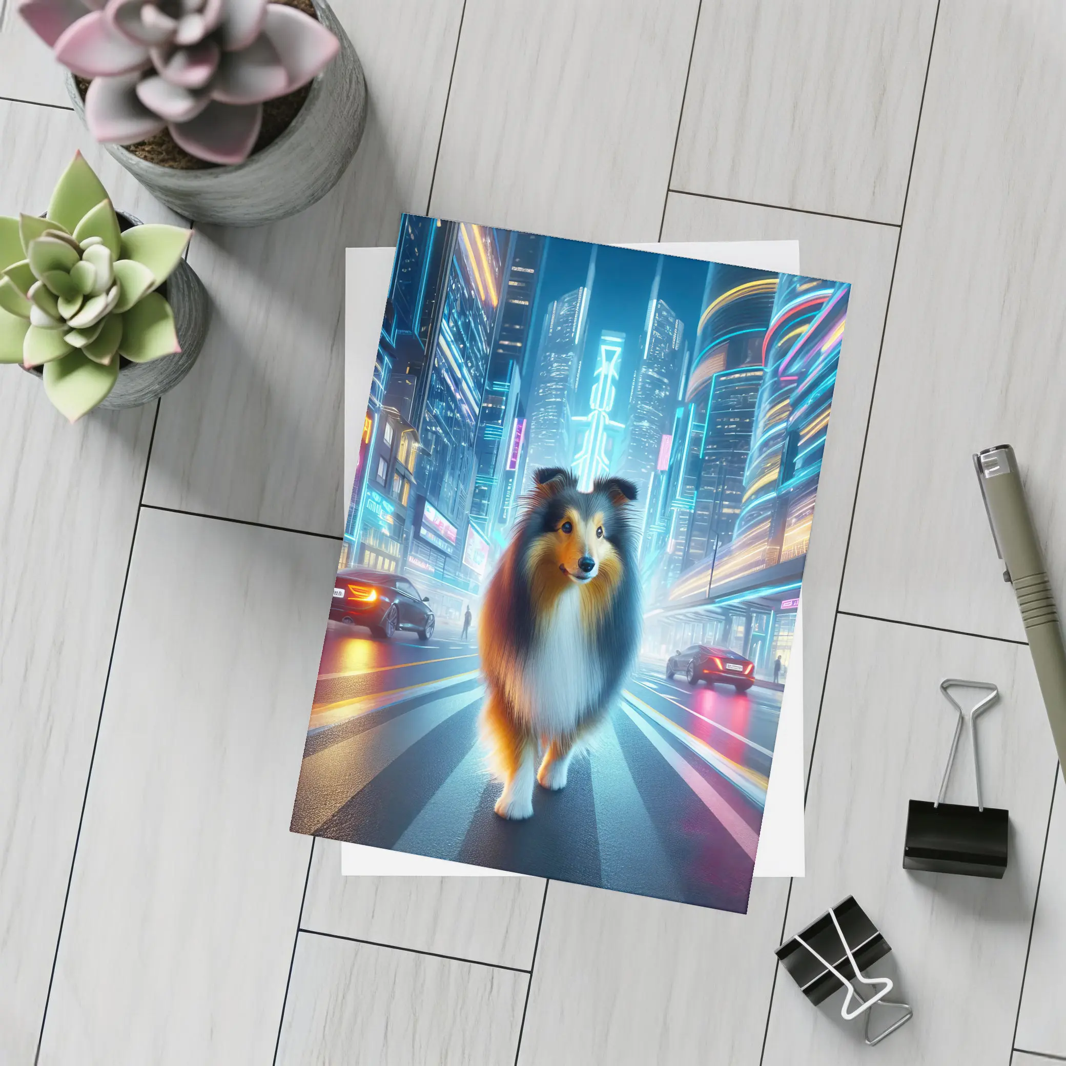Shetland Sheepdog Walking Neon Cyberpunk City Street – Postcards