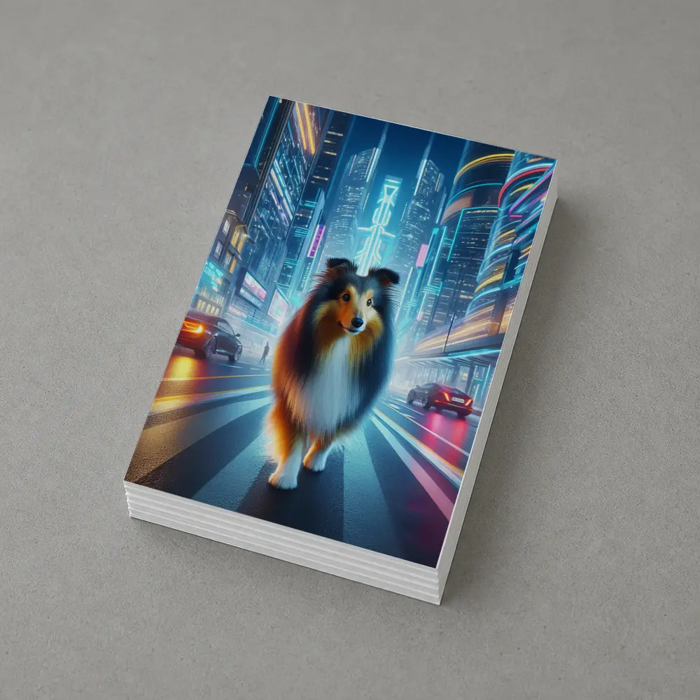 Shetland Sheepdog Walking Neon Cyberpunk City Street – Postcards