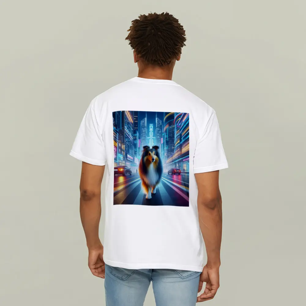 Shetland Sheepdog Walking Neon Cyberpunk City Street – T-Shirts